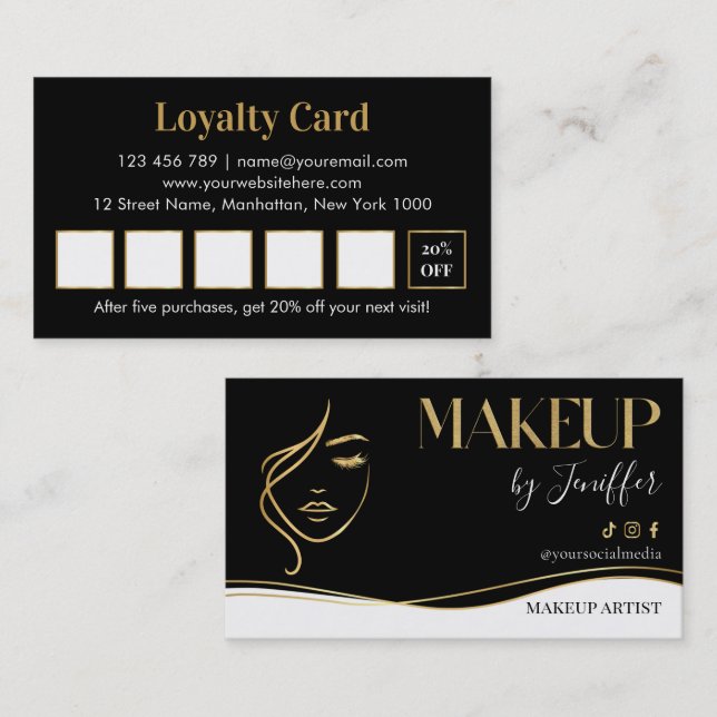 Tarjeta De Fidelización Elegant black and gold makeup artist Loyalty Card (Anverso / Reverso)