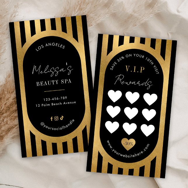 Tarjeta De Fidelización Elegant Black & Gold Stripes Hair Brows Lash Salon (Subido por el creador)