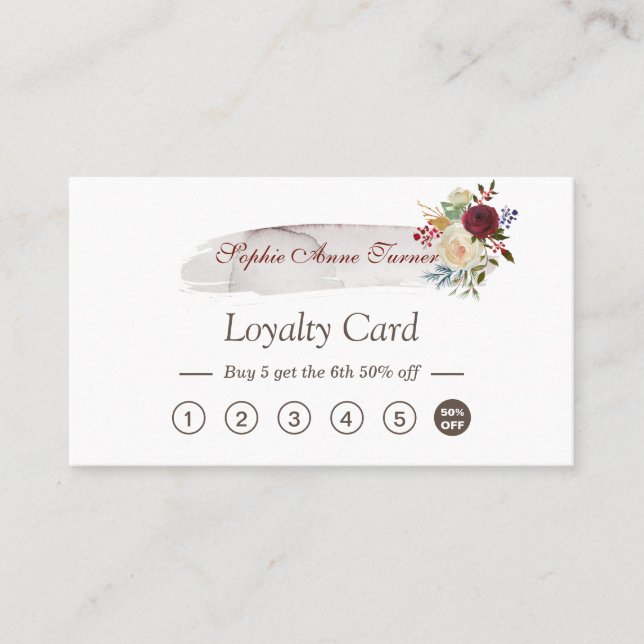 Tarjeta De Fidelización Elegante acuarela Floral Burgundy Lealty Card (Anverso)