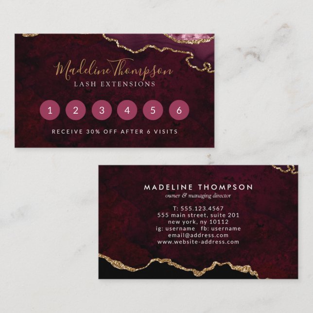 Tarjeta De Fidelización Elegante Geode de Mármol de Borgoña (Anverso / Reverso)