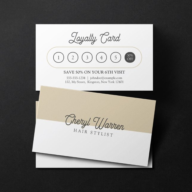 Tarjeta De Fidelización Elegante guión de estilo hairístico blanco y biege (Subido por el creador)