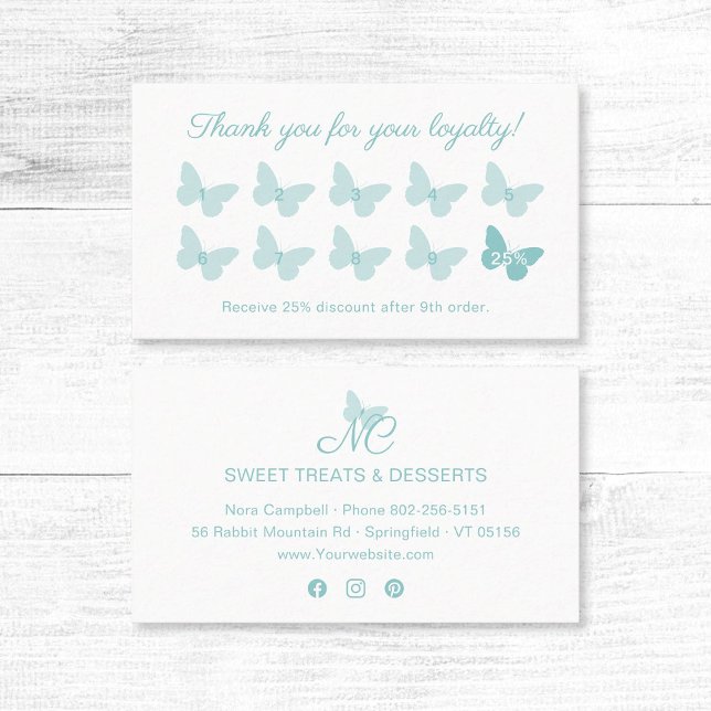 Tarjeta De Fidelización Elegante mariposa Monograma Cute Pastel Turquesa (Elegant pastel turquoise butterfly thank you for your loyalty business card with social media icons.)