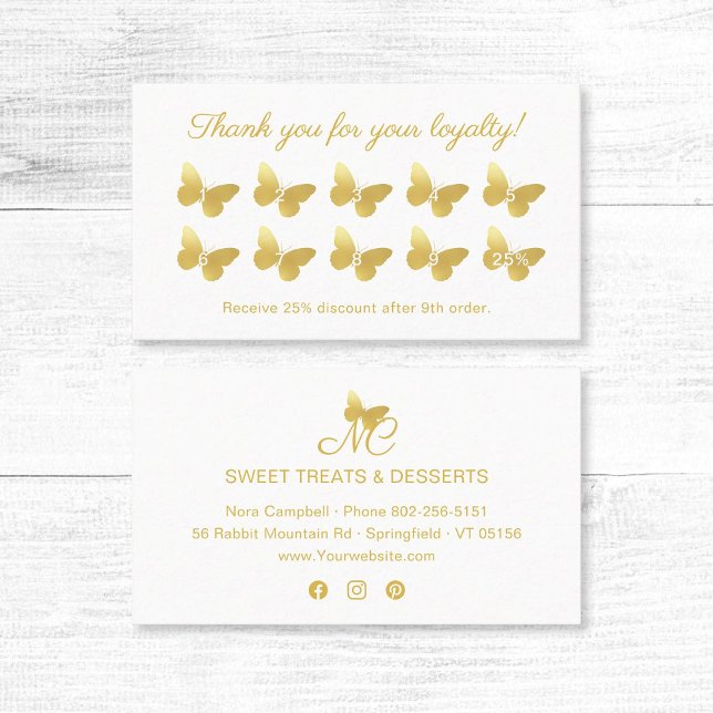 Tarjeta De Fidelización Elegante Monograma De Mariposa Gracias Por Su (Elegant, gold butterfly monogram thank you for your loyalty card with social media icons.)