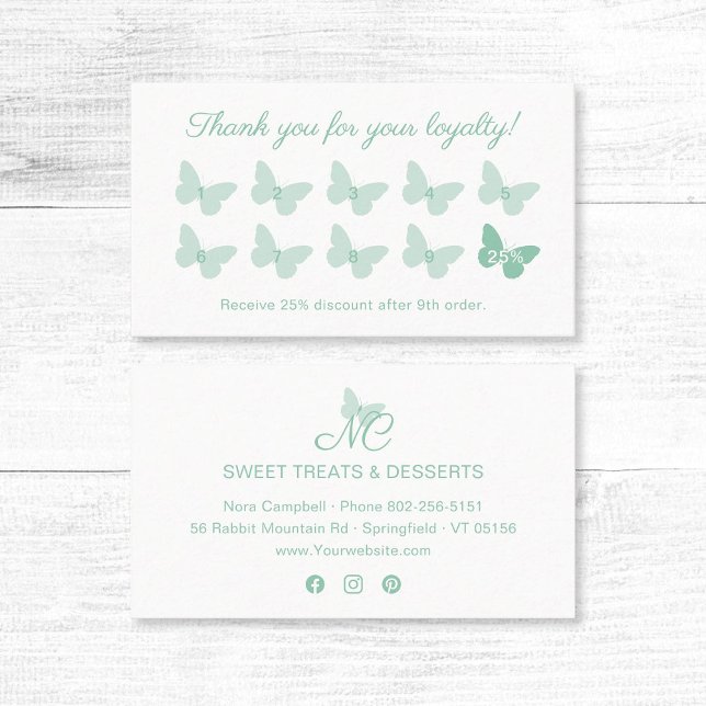 Tarjeta De Fidelización Elegante Monograma Mariposa Mint Green (Elegant mint green butterfly thank you for your loyalty business card with social media icons.)