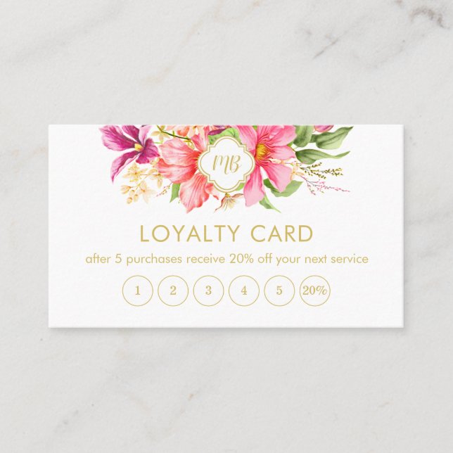 Tarjeta De Fidelización Elegante Monograma Pastel rosa floral (Anverso)