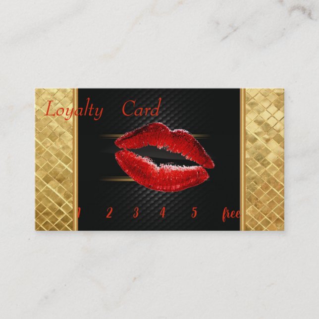 Tarjeta De Fidelización Elegante negro, dorado secuencial de labios rojos, (Anverso)