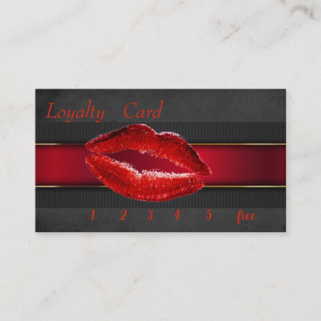 Tarjeta De Fidelización Elegante negro, labios rojos, carta de lealtad (Anverso)