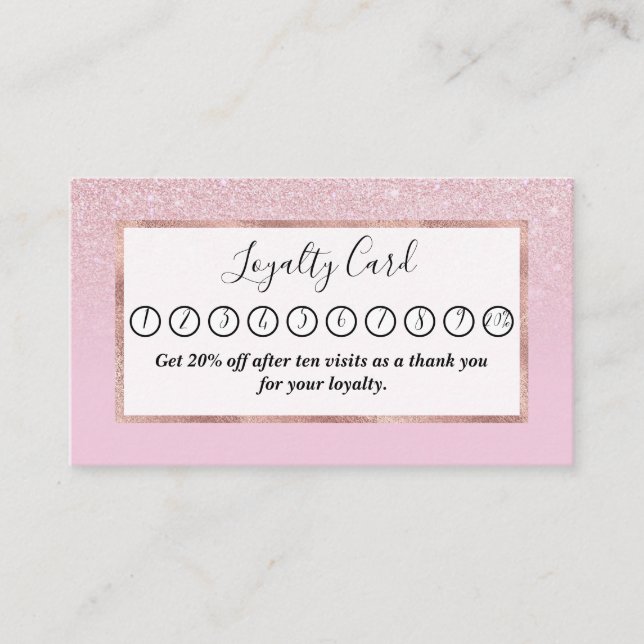 Tarjeta De Fidelización Elegante Purpurina Rosa Rosa Dorado Girly (Anverso)