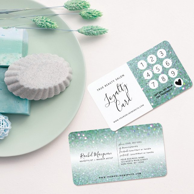 Tarjeta De Fidelización Elegante Purpurina Verde Sparkly Verde azulado (Subido por el creador)