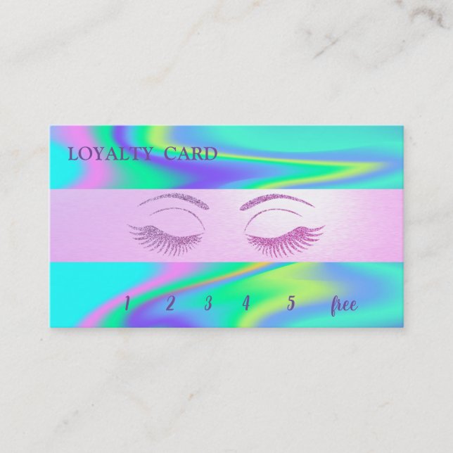 Tarjeta De Fidelización Elegante Purpurinoso Faux Lashes, Holográfico Stri (Anverso)