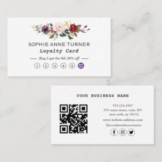 Tarjeta De Fidelización Elegante QR Code Burgundy Pink Floral Profesional