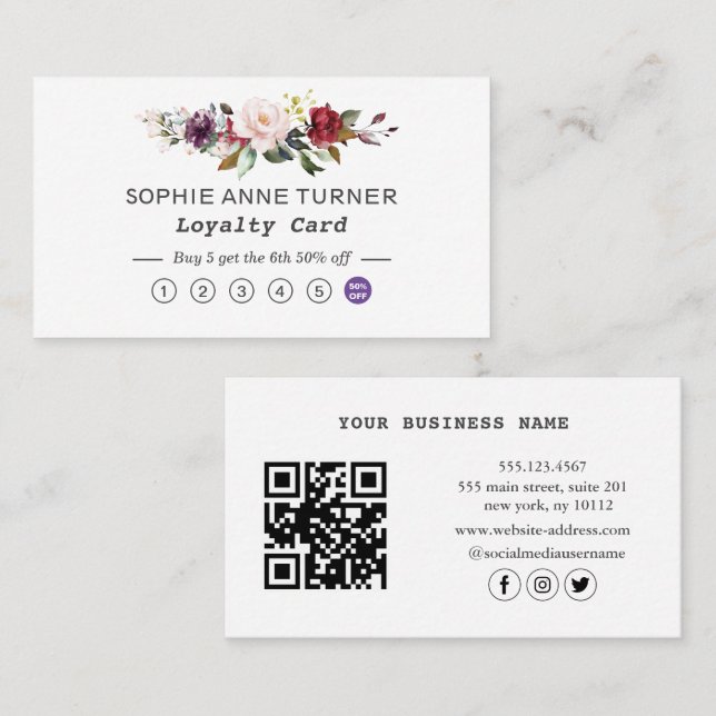 Tarjeta De Fidelización Elegante QR Code Burgundy Pink Floral Profesional (Anverso / Reverso)