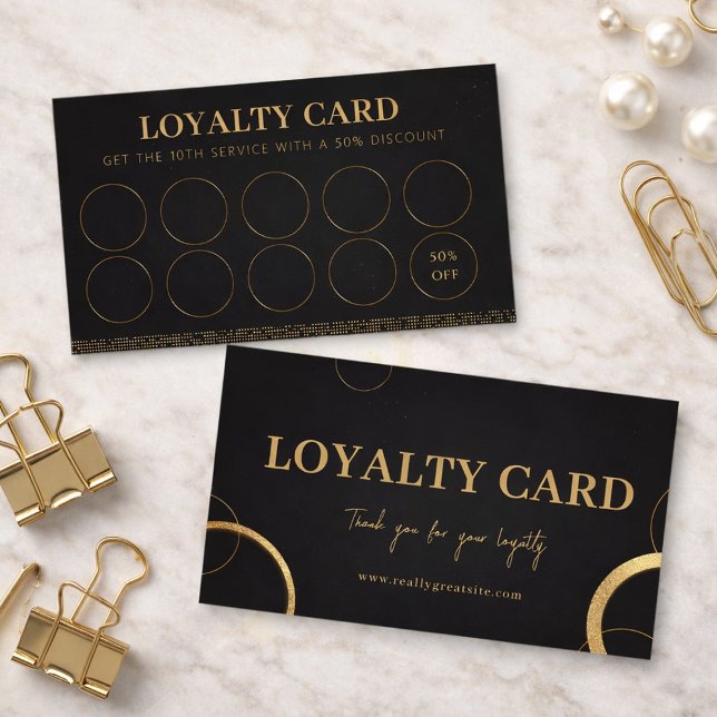 Tarjeta De Fidelización Elegante Recompensa Moderna para Clientes en Negro (Elegant Black & Gold Modern Customer Reward Loyalty Card, Punch Card, Business Card)