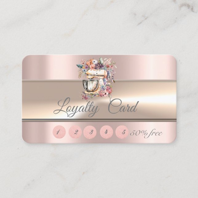 Tarjeta De Fidelización Elegante Stripe Bakery Rosa Mezclador de flores de (Anverso)