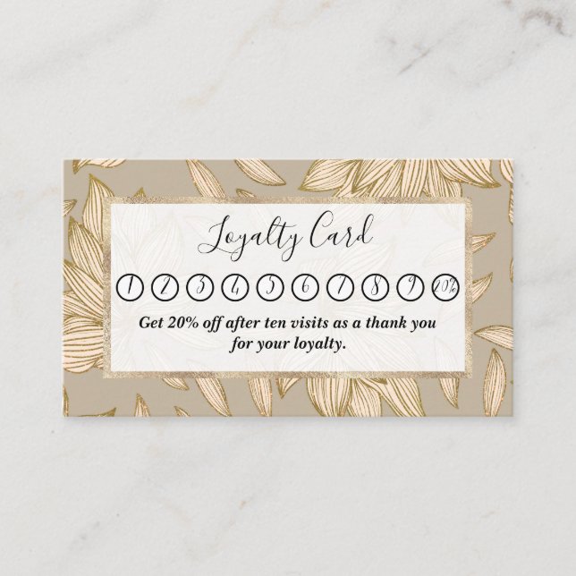Tarjeta De Fidelización Elegante Taupe Gold Purpurina Floral Line Art (Anverso)