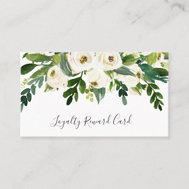 Tarjeta De Fidelización Elegante vegetación Floral Blanca Lanzos Negocios (Anverso)