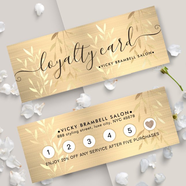 Tarjeta De Fidelización Elegantes hojas de oro delgadas cepillado Metaliza (Elegant Delicate Gold Leaves Brushed Metal Punch Loyalty Card)