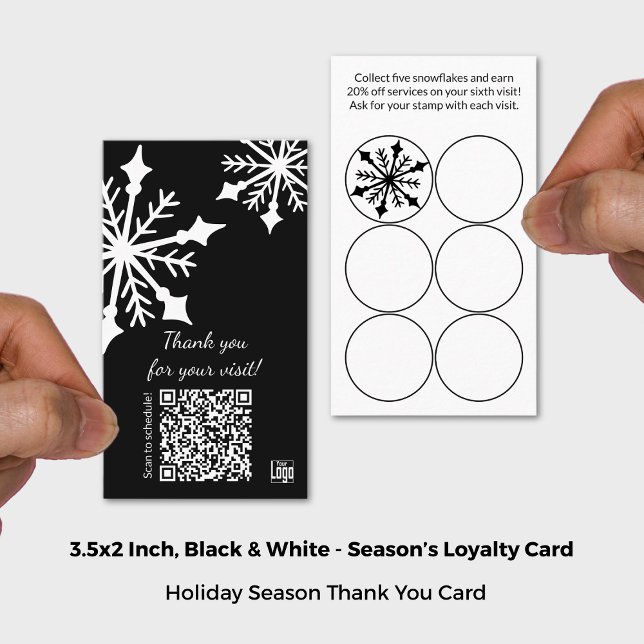 Tarjeta De Fidelización Festividad de copos de nieve en blanco y negro (Black & White Snowflake Holiday Loyalty Card; Size 3.5x2 Inch (US))
