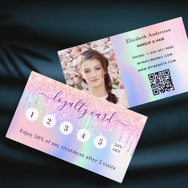 Tarjeta De Fidelización Foto de código qr del purpurina holográfico rosa R (Subido por el creador)