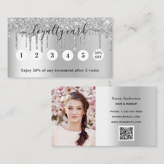Tarjeta De Fidelización Foto de plata purpurina de código QR gotea elegant (Anverso / Reverso)