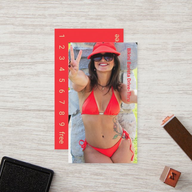 Tarjeta De Fidelización Foto Red Bikini Coffee Drive-Thru Lealty Card (Anverso/Reverso In Situ)