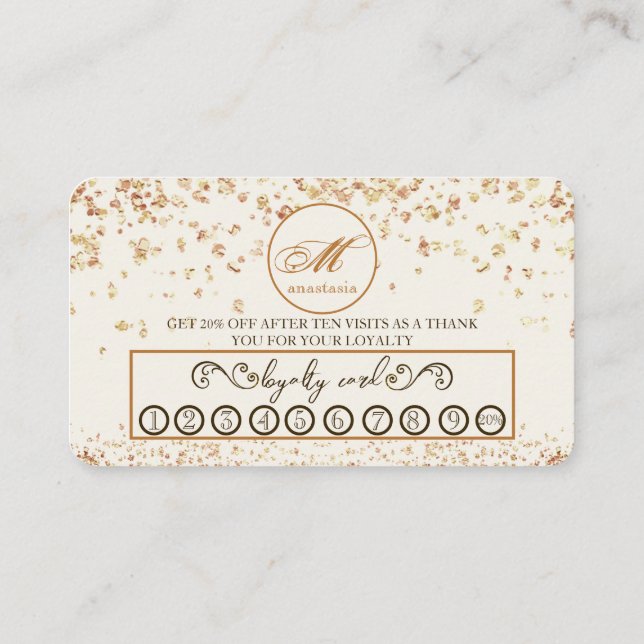 Tarjeta De Fidelización Girly Luxury Gold Purpurinoso Monograma Salón de b (Reverso)