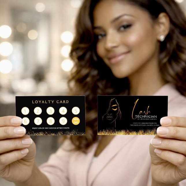 Tarjeta De Fidelización Glamorous Black & Gold Lash Tech Loyalty Card (Subido por el creador)