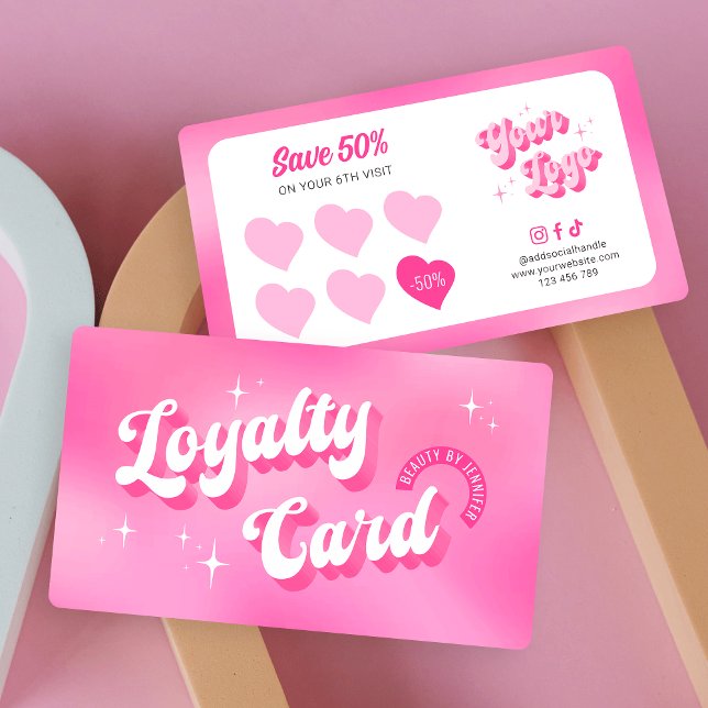 Tarjeta De Fidelización Groovy Retro Pink Beauty Spa de moda Nails Lash (Trendy retro business loyalty cards in girly pink with space for your logo and custom rewards offer)