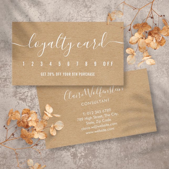 Tarjeta De Fidelización Guión elegante de Kraft Rústico Profesional Simple (Simple Professional Rustic Kraft Elegant Script Loyalty Card)
