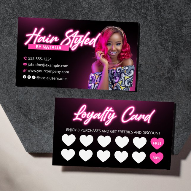 Tarjeta De Fidelización Hair Salon de Lealtad de Neón Negro y Rosa (Subido por el creador)