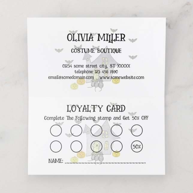 Tarjeta De Fidelización Halloween House, gatos negros, murciélagos, calaba (Interior desplegado)