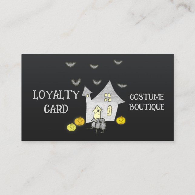 Tarjeta De Fidelización Halloween House, gatos negros, murciélagos, calaba (Anverso)