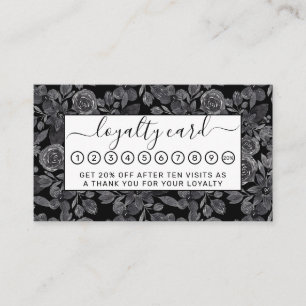 Tarjeta De Fidelización Hojas florales de color gris negro monocromo