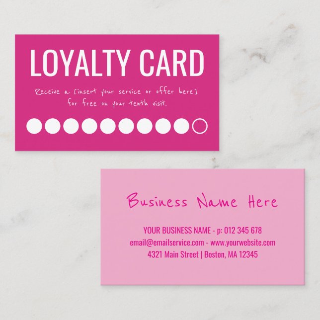 Tarjeta De Fidelización Hot Pink White Ten Visits Loyalty Punch Card (Anverso / Reverso)