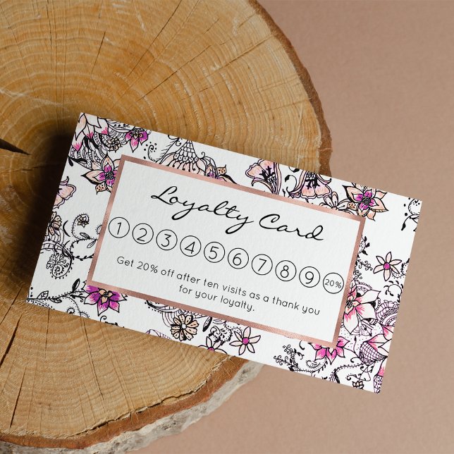 Tarjeta De Fidelización Ilustracion floral blanco negro violeta rosa moder (Modern pink violet black white floral illustration)