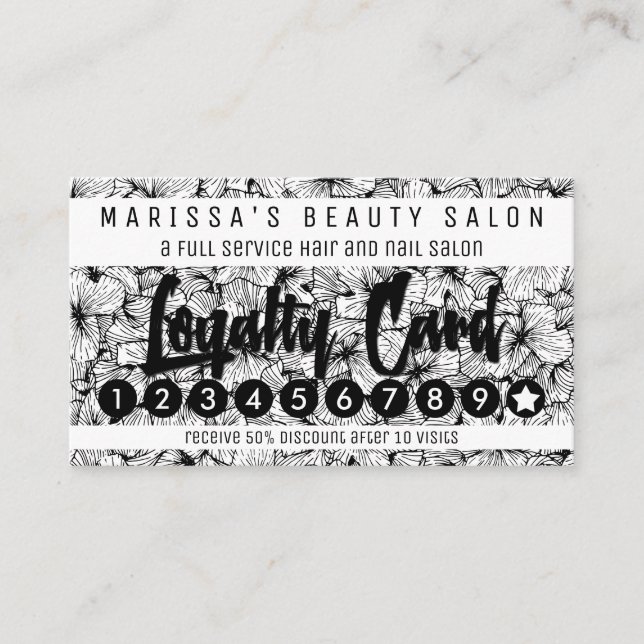 Tarjeta De Fidelización La mano moderna blanca negra dibujada florece (Anverso)