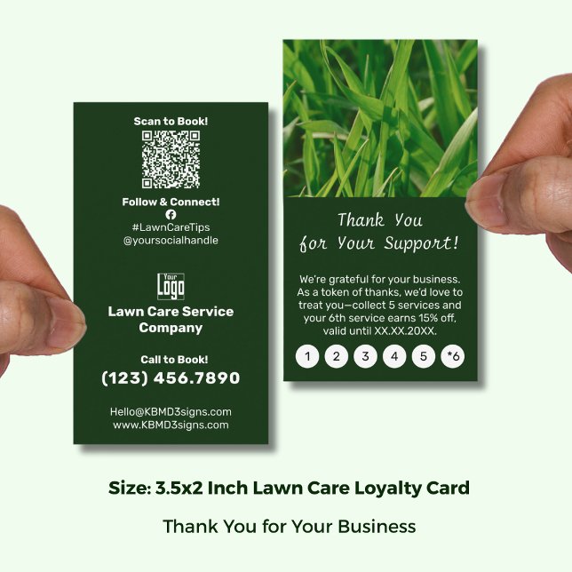 Tarjeta De Fidelización Lawn Care Thank You for Your Support! (Lawn Care Thank You for Your Support! Loyalty Card; Size 3.5x2 (US) Portrait Format, Logo, QR code)
