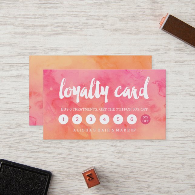 Tarjeta De Fidelización Lealtad coralina de la acuarela del rosa moderno (Anverso/Reverso In Situ)