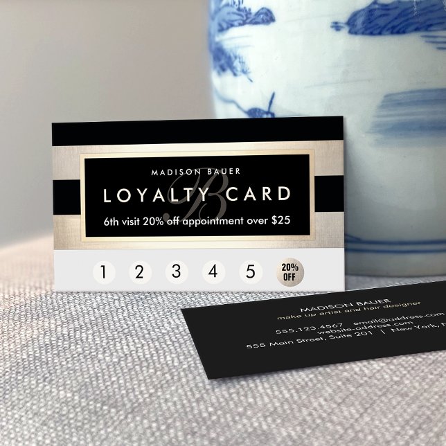 Tarjeta De Fidelización Lealtad de monograma 6 Golpe de oro y franja negra (Subido por el creador)