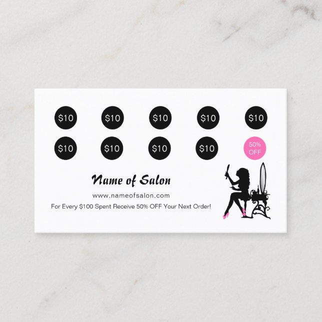 Tarjeta De Fidelización Lealtad de salón de belleza para chicas rosadas y  (Anverso)