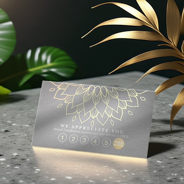 Tarjeta De Fidelización Lealtad de yoga 6 Punteado oro Mandala cuero gris (Subido por el creador)