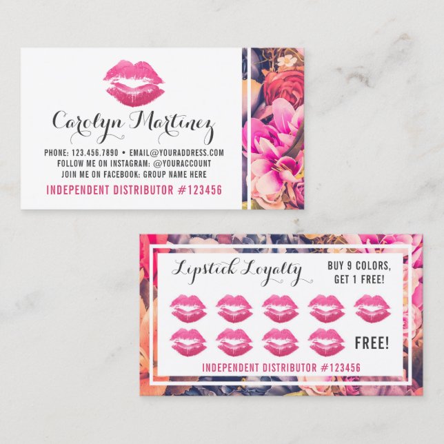 Tarjeta De Fidelización Lipstick Distribuidor Floral Kiss Loyalty Punch (Anverso / Reverso)