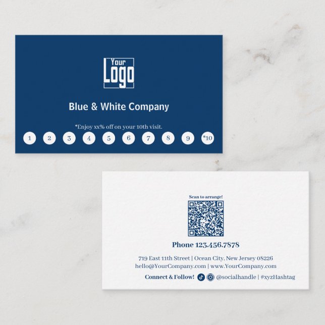 Tarjeta De Fidelización Logo clásico azul y blanco Medios sociales Código  (Anverso / Reverso)
