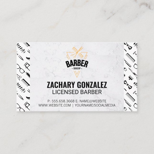 Tarjeta De Fidelización Logo de Barber | Mármol del patrón de herramientas (Anverso)