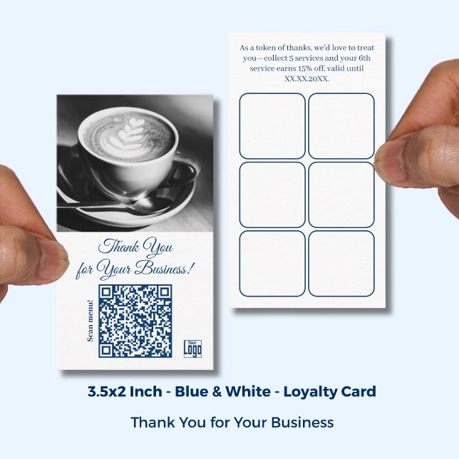 Tarjeta De Fidelización Logo y QR del Café Azul Blanco - Gracias (Cafe White Blue Logo & QR - Thank You Loyalty Card; Size:3.5x2 Inch)