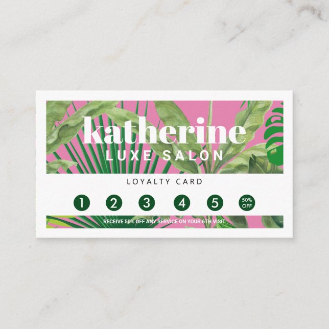 Tarjeta De Fidelización Lujoso Tropical Moderno Boutique & Salon Pink (Anverso)