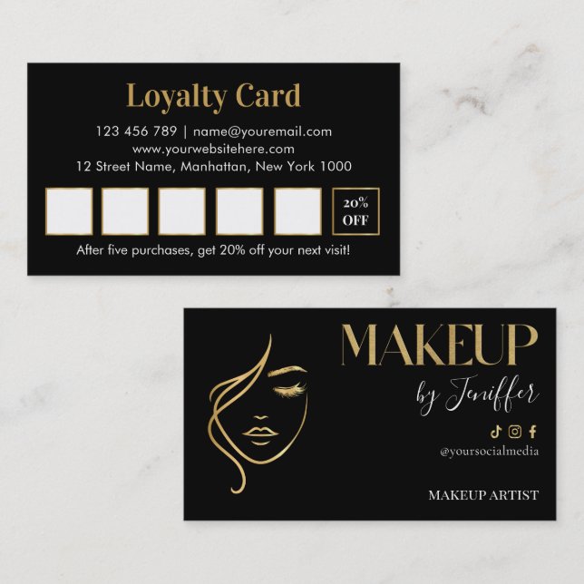 Tarjeta De Fidelización Luxury black and gold makeup artist Loyalty Card (Anverso / Reverso)