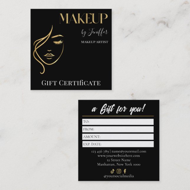 Tarjeta De Fidelización Luxury Black & Gold Makeup Gift Certificate Card (Anverso / Reverso)