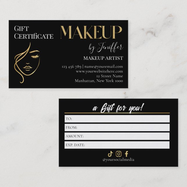 Tarjeta De Fidelización Luxury Black & Gold Makeup Gift Certificate Card (Anverso / Reverso)