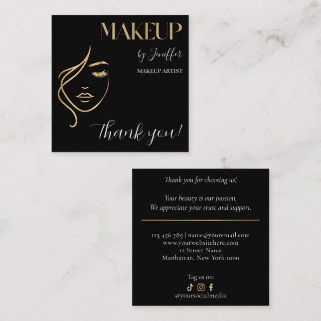 Tarjeta De Fidelización Luxury Black & Gold Makeup Thank you Card (Anverso / Reverso)